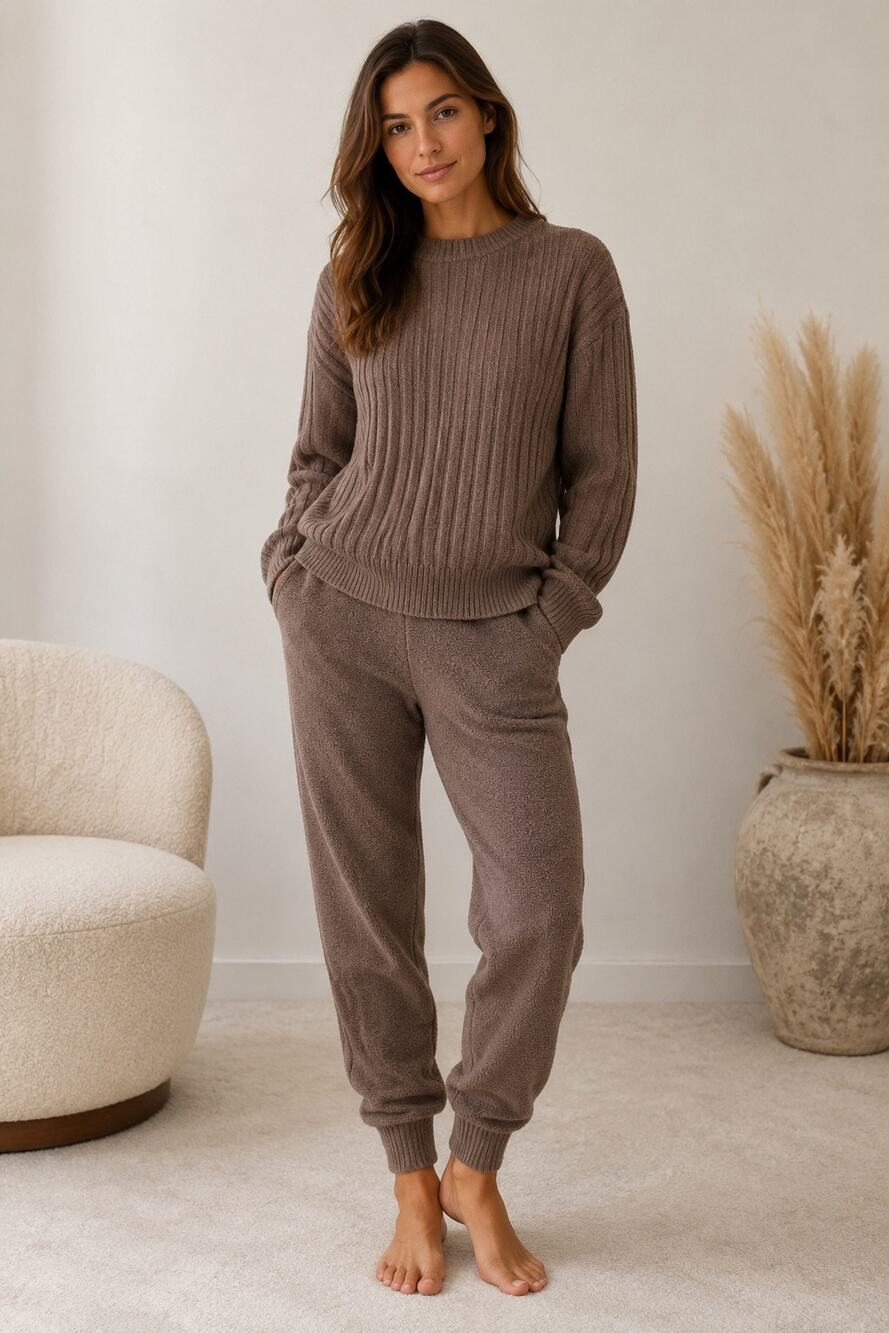 UGG Women’s Riz Top Rib & Cozy Pants Lounge Set Brown Sz L NWT $108top $98pants